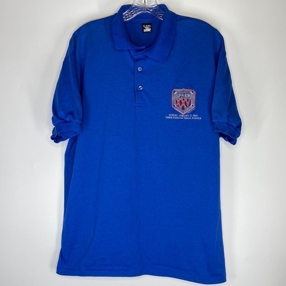 Vintage Screen Stars Super Bowl XXV Blue Polo Short Sleeve Shirt 1991 XL